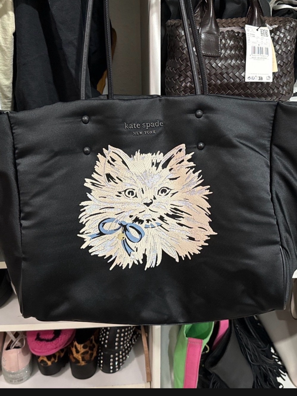 kate spade Black Tote with Embroidered Pastel Cat Motif - Picture 2 of 2